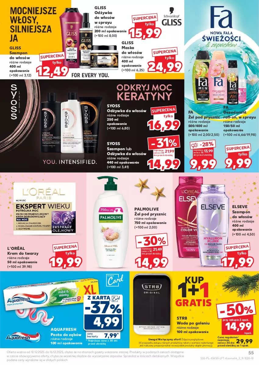 Gazetka promocyjna Kaufland - Gazetka tygodnia - ważna 10.12 do 16.12.2025 - strona 55 - produkty: Aquafresh, Dezodorant, Elseve, Fa, Gra, Krem do twarzy, L’Oréal, Maska, Maska do włosów, Odżywka, Palmolive, Pasta do zębów, Por, Str8, Syoss, Szampon, Waga, Woda, Woda po goleniu
