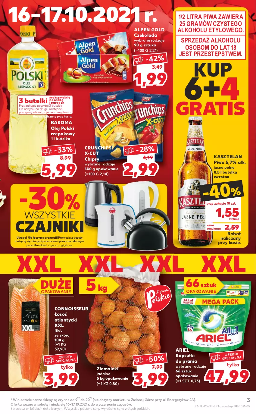 Gazetka promocyjna Kaufland - OFERTA TYGODNIA - ważna 14.10 do 20.10.2021 - strona 3 - produkty: Ariel, Bakoma, Chipsy, Crunchips, Czajnik, Czekolada, Gra, Kapsułki do prania, Kasztelan, Olej, Piwa, Piwo, Waga, Ziemniaki