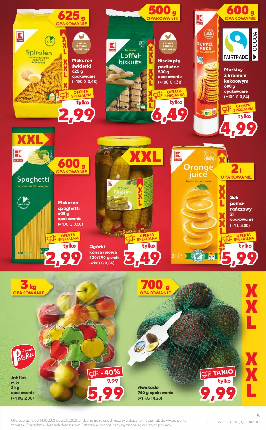 Gazetka promocyjna Kaufland - OFERTA TYGODNIA - ważna 14.10 do 20.10.2021 - strona 5 - produkty: Biszkopty, Jabłka, Kakao, Makaron, Ogórki konserwowe, Ser, Sok, Sok pomarańczowy, Spaghetti