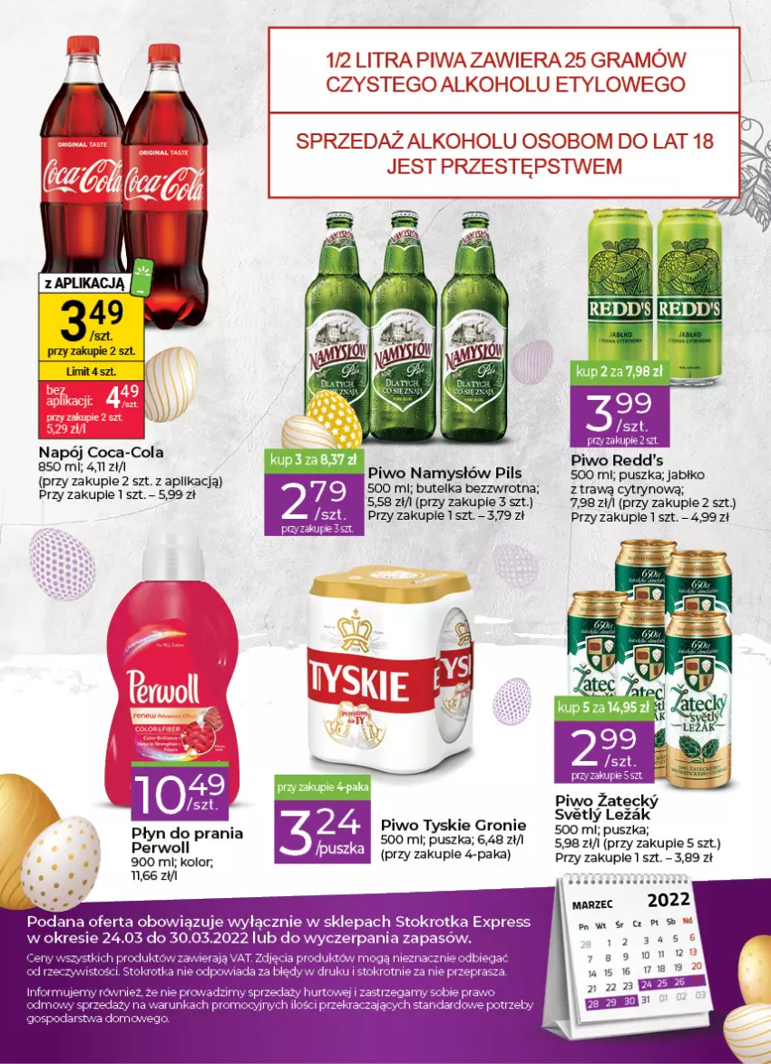 Gazetka promocyjna Stokrotka - Stokrotka Express - ważna 24.03 do 30.03.2022 - strona 4 - produkty: Coca-Cola, Namysłów, Napój, Piwo, Płyn do prania, Redd's, Tyskie