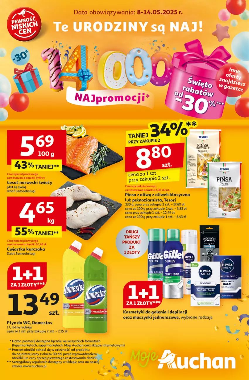 Gazetka promocyjna Auchan - Te URODZINY są NAJ Moje - ważna 08.05 do 14.05.2025 - strona 1 - produkty: Domestos, Kurczak, Płyn do wc