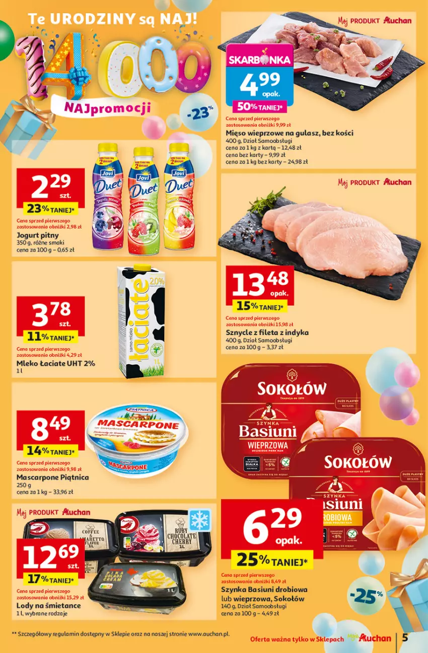 Gazetka promocyjna Auchan - Te URODZINY są NAJ Moje - ważna 08.05 do 14.05.2025 - strona 7 - produkty: Jogurt, Jogurt pitny, Lody, Mascarpone, Mięso, Mięso wieprzowe, Mleko, Piątnica, Sok, Sokołów, Szynka, Tran