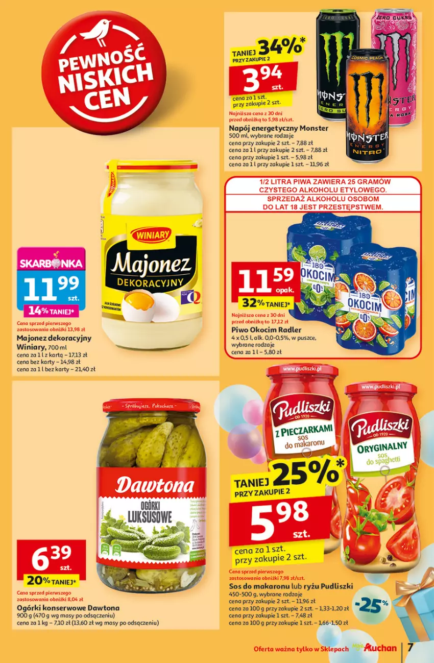 Gazetka promocyjna Auchan - Te URODZINY są NAJ Moje - ważna 08.05 do 14.05.2025 - strona 9 - produkty: Dawtona, Koc, Majonez, Makaron, Napój, Napój energetyczny, Ogórki konserwowe, Okocim, Piwo, Pudliszki, Radler, Ryż, Ser, Sos, Sos do makaronu, Winiary