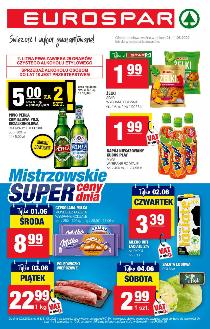 Gazetka promocyjna Spar - EuroSpar - ważna 29.05 do 08.06.2022 - strona 1 - produkty: Czekolada, Milka, Perła, Piwo, Sok