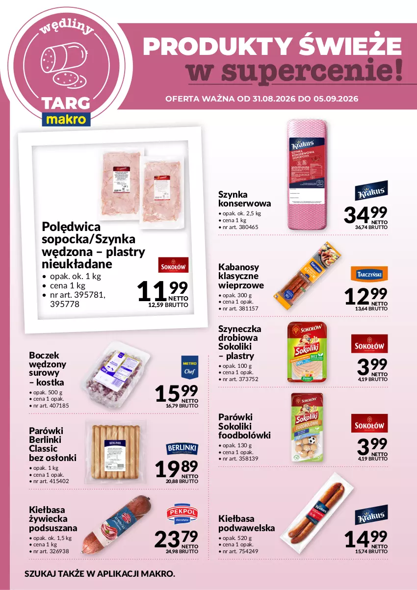 Gazetka promocyjna Makro - Targ MAKRO - oferta świeża w super cenach! - ważna 31.08 do 05.09.2026 - strona 2 - produkty: Berlinki, Boczek, Kabanos, Kiełbasa, Kiełbasa podwawelska, Parówki, Parówki sokoliki, Polędwica, Ser, Sok, Szynka, Szynka konserwowa, Wawel