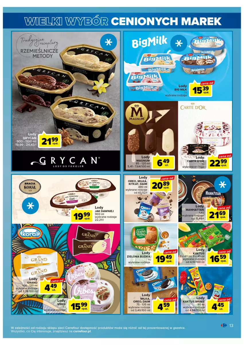Gazetka promocyjna Carrefour - Gazetka Wielki wybór cenionych marek - ważna 11.04 do 22.04.2023 - strona 13 - produkty: Big Milk, Carte d'Or, Gra, Gry, Kaktus, Lody, Milka, Oreo, Zielona Budka