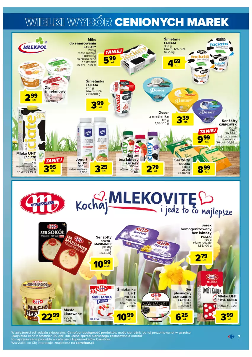 Gazetka promocyjna Carrefour - Gazetka Wielki wybór cenionych marek - ważna 11.04 do 22.04.2023 - strona 7 - produkty: Camembert, Gouda, Jogurt, Koc, Kubek, Masło, Masło klarowane, Mleko, Por, Ser, Serek, Sok, Sokół