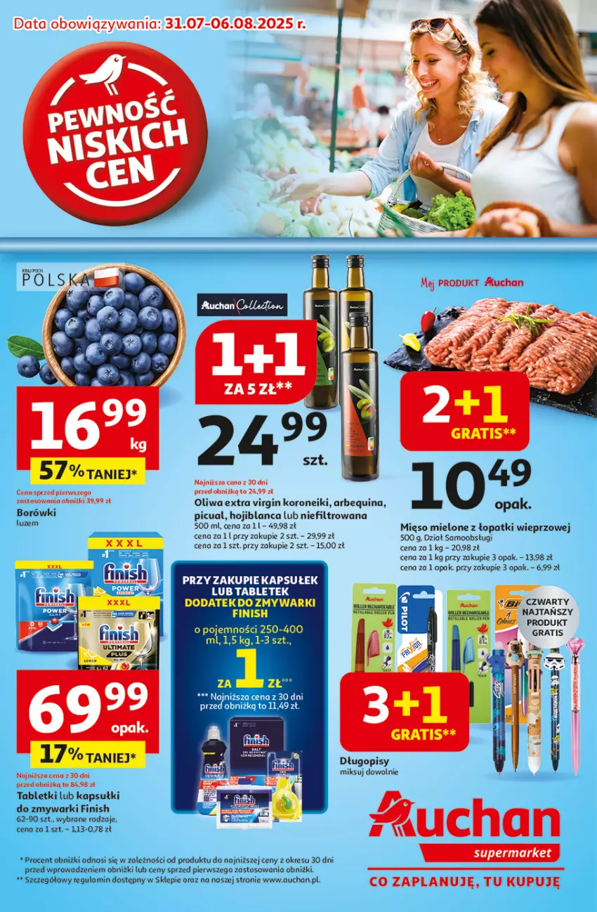 Gazetka promocyjna Auchan - Pewność niskich cen Supermarket - ważna 31.07 do 06.08.2025 - strona 1 - produkty: Długopis, Finish, Gin, Gra, Mięso, Mięso mielone, Mięso mielone z łopatki wieprzowej, Oliwa, Tablet, Zmywarki