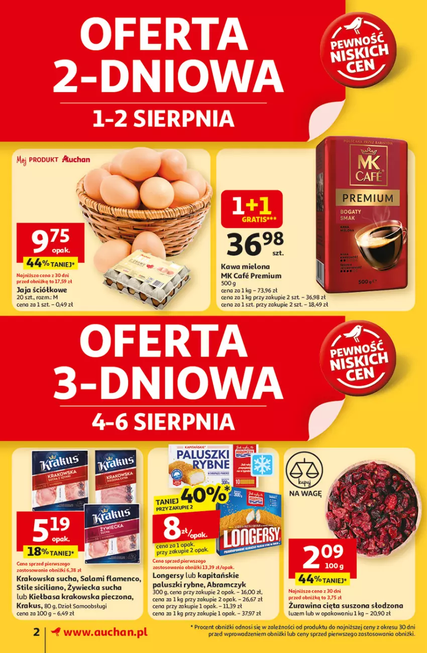 Gazetka promocyjna Auchan - Pewność niskich cen Supermarket - ważna 31.07 do 06.08.2025 - strona 2 - produkty: Jaja, Kawa, Kawa mielona, Kiełbasa, Kiełbasa krakowska, Krakus, Paluszki rybne, Piec, Salami
