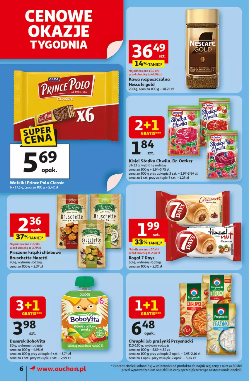 Gazetka promocyjna Auchan - Pewność niskich cen Supermarket - ważna 31.07 do 06.08.2025 - strona 6 - produkty: 7 Days, BoboVita, Bruschette, Chleb, Chrupki, Deser, Dr. Oetker, Gra, Kawa, Kawa rozpuszczalna, Kisiel, Piec, Przysnacki, Rogal, Ser, Serek, Słodka Chwila