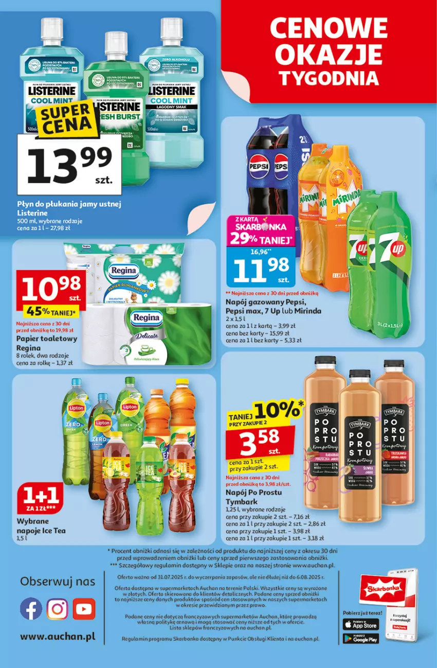Gazetka promocyjna Auchan - Pewność niskich cen Supermarket - ważna 31.07 do 06.08.2025 - strona 8 - produkty: Fa, Gin, Gra, Ice tea, Listerine, Mirinda, Napój, Napój gazowany, Napoje, Papier, Papier toaletowy, Pepsi, Pepsi max, Ser, Tera, Tymbark
