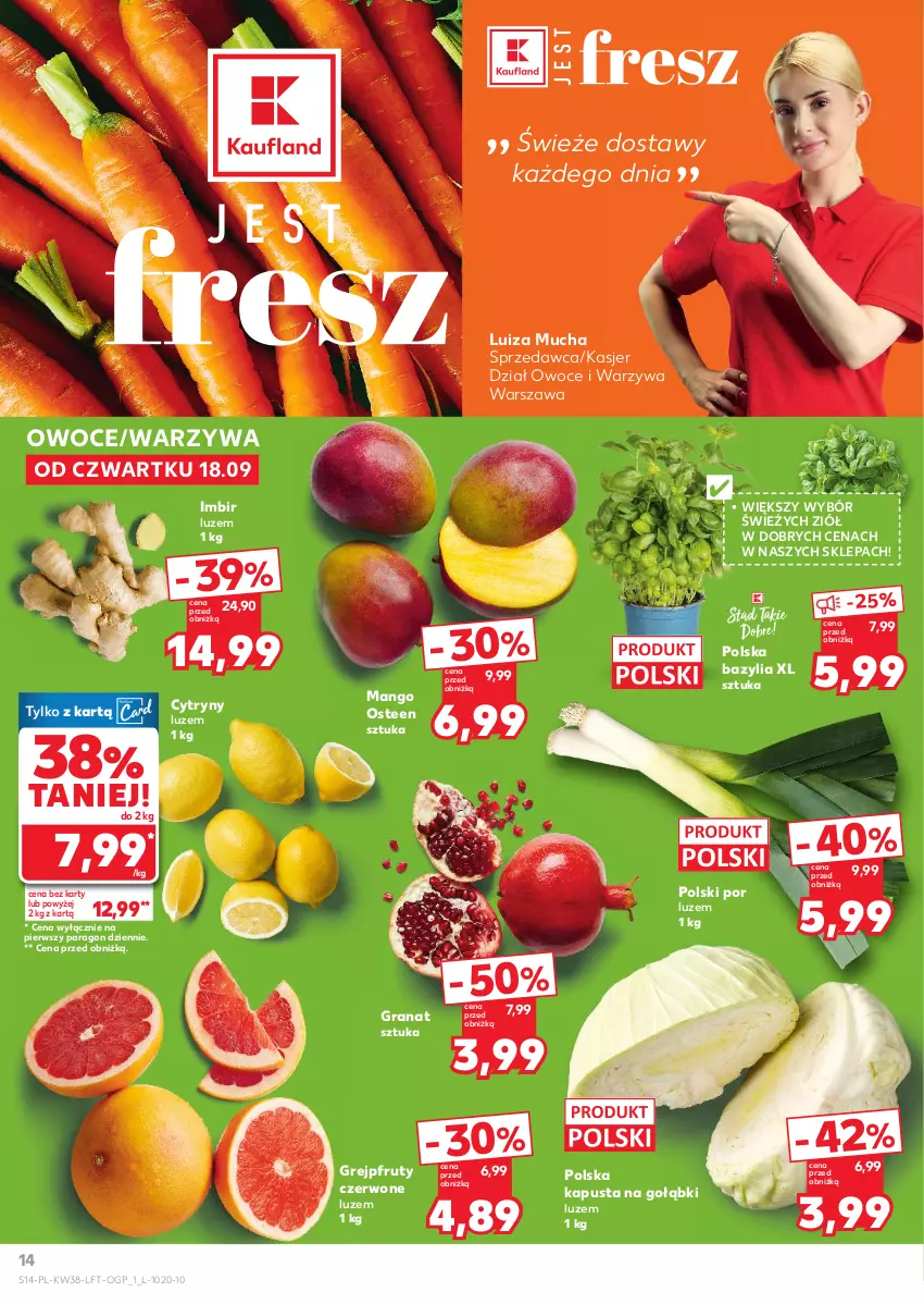Gazetka promocyjna Kaufland - Gazetka tygodnia - ważna 18.09 do 24.09.2025 - strona 14 - produkty: Bazyl, Bazylia, Cytryny, Gra, Granat, Grejpfrut, Imbir, Mango, Owoce, Por, Warzywa