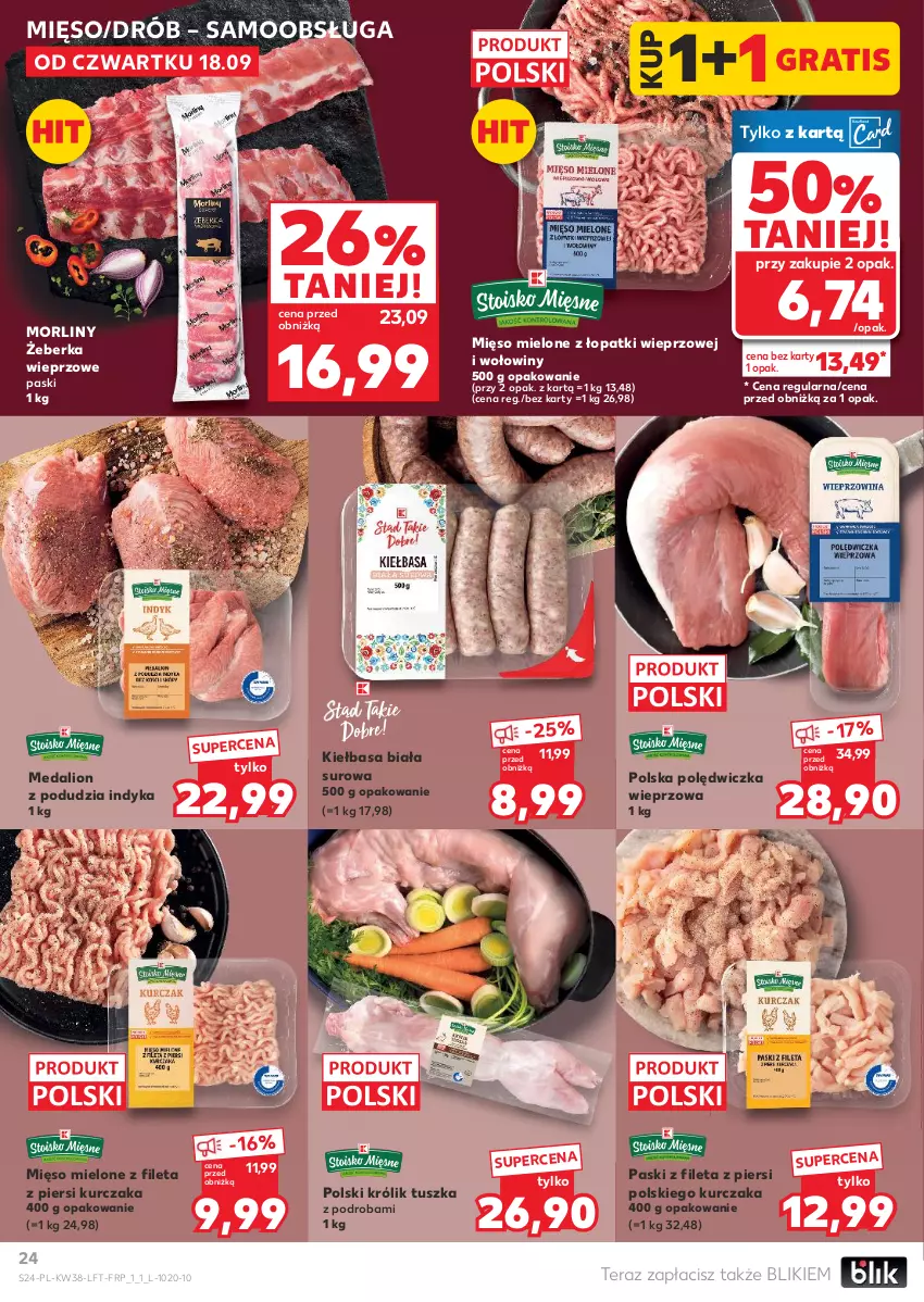 Gazetka promocyjna Kaufland - Gazetka tygodnia - ważna 18.09 do 24.09.2025 - strona 24 - produkty: Drób, Gra, Kiełbasa, Kiełbasa biała, Królik, Kurczak, Lion, Mięso, Mięso mielone, Mięso mielone z łopatki wieprzowej, Morliny, Polędwiczka wieprzowa, Tera, Tusz