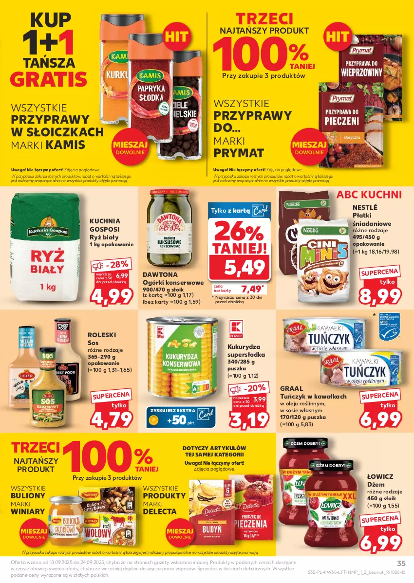 Gazetka promocyjna Kaufland - Gazetka tygodnia - ważna 18.09 do 24.09.2025 - strona 35 - produkty: Bulion, Danio, Dawtona, Delecta, Dżem, Gra, Graal, Kamis, Kawa, Kuchnia, Kukurydza, Lion, Nestlé, Ogórki konserwowe, Olej, Por, Prymat, Przyprawy, Ryż, Ryż biały, Ser, Sos, Tuńczyk, Waga, Winiary