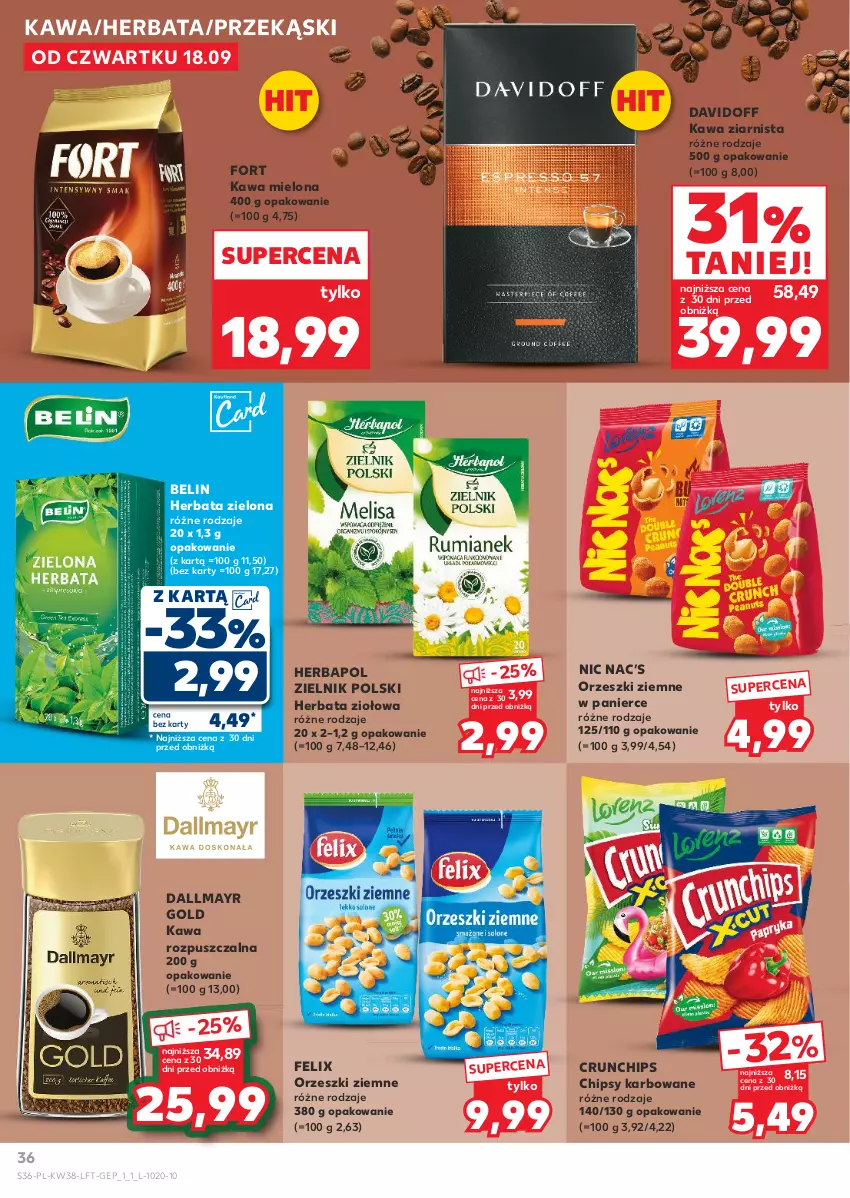 Gazetka promocyjna Kaufland - Gazetka tygodnia - ważna 18.09 do 24.09.2025 - strona 36 - produkty: Chipsy, Crunchips, Dallmayr, Davidoff, Felix, Herbapol, Herbata, Kawa, Kawa mielona, Kawa rozpuszczalna, Kawa ziarnista, Orzeszki, Orzeszki ziemne