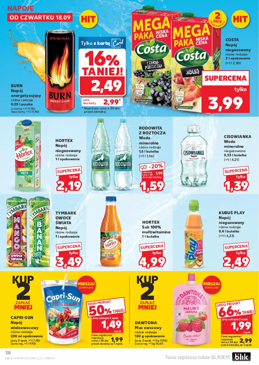 Gazetka promocyjna Kaufland - Gazetka tygodnia - ważna 18.09 do 24.09.2025 - strona 38 - produkty: Cisowianka, Dawtona, Hortex, Kubuś, Mus, Napój, Napój niegazowany, Napoje, Owoce, Sok, Tera, Tymbark, Woda, Woda mineralna