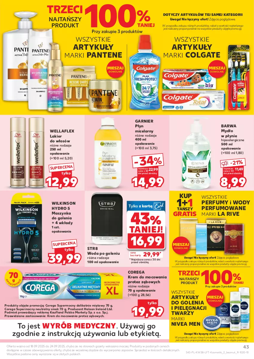 Gazetka promocyjna Kaufland - Gazetka tygodnia - ważna 18.09 do 24.09.2025 - strona 43 - produkty: Colgate, Corega, Garnier, Gra, La Rive, Lakier, Lakier do włosów, Leon, LG, Maszynka, Maszynka do golenia, Mydło, Mydło w płynie, Nivea, Nivea Men, Pantene, Perfum, Płyn micelarny, Por, Str8, Szynka, Waga, Wella, Wellaflex, Woda, Woda po goleniu