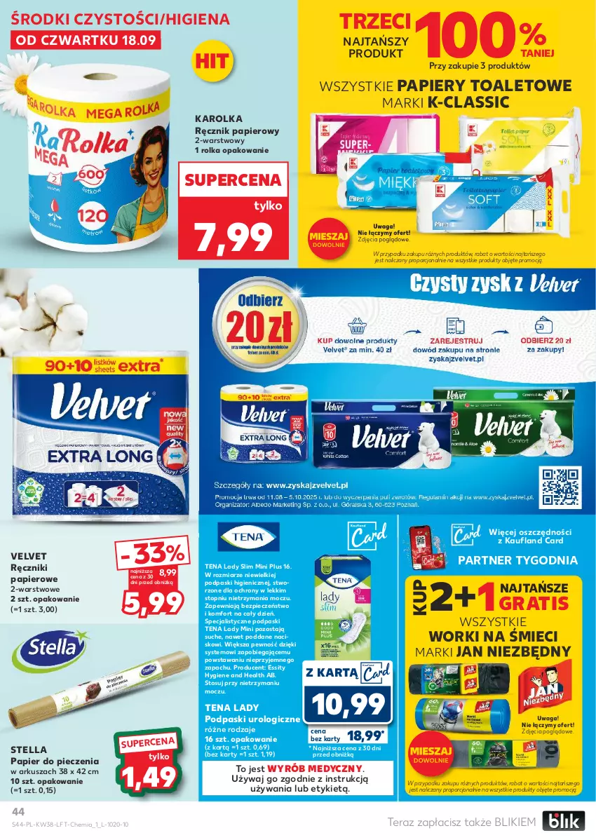 Gazetka promocyjna Kaufland - Gazetka tygodnia - ważna 18.09 do 24.09.2025 - strona 44 - produkty: Gra, Jan Niezbędny, Papier, Papier do pieczenia, Piec, Podpaski, Por, Ręcznik, Ręczniki papierowe, Tera, Top, Velvet, Waga, Worki na śmiec, Worki na śmieci