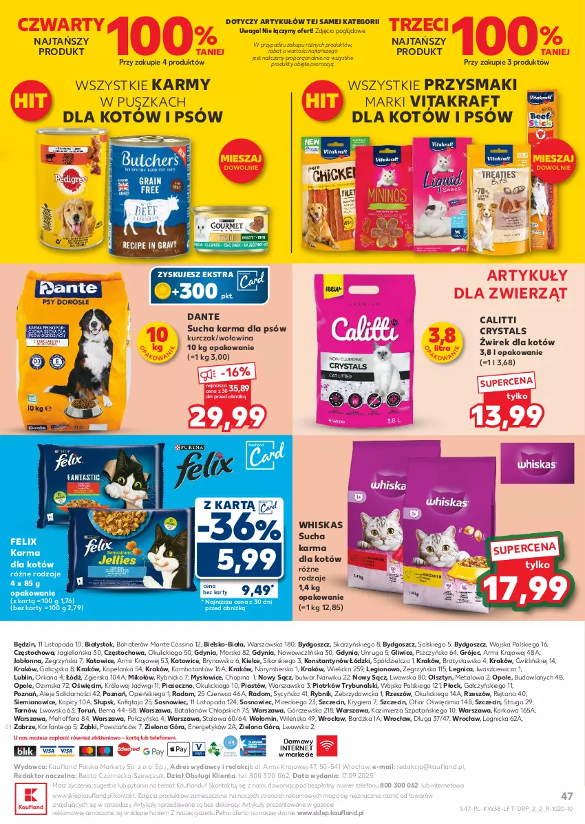 Gazetka promocyjna Kaufland - Gazetka tygodnia - ważna 18.09 do 24.09.2025 - strona 47 - produkty: Dres, Fa, Felix, Kurczak, Lion, Monte, O nas, Orka, Piast, Por, Przysmaki, Sos, Sucha karma, Telefon, Top, Vitakraft, Waga, Whiskas, Wołowina