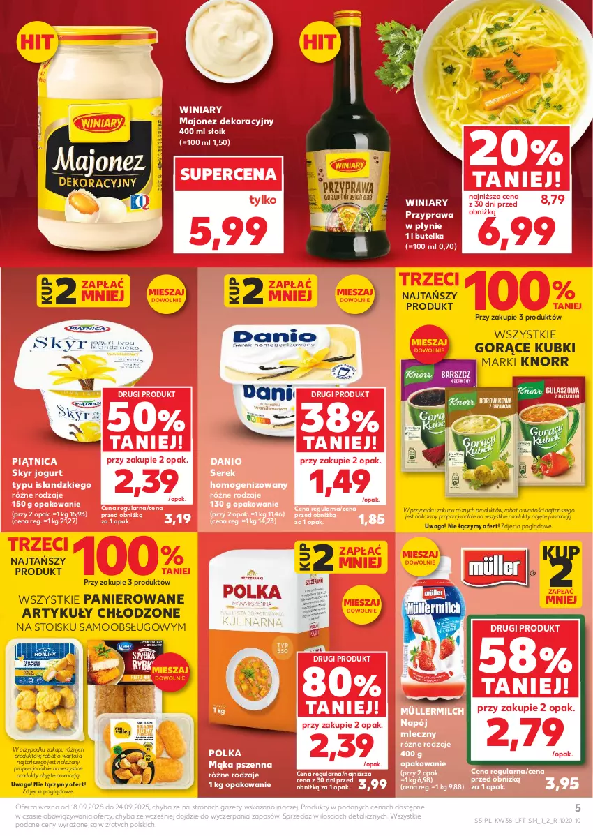 Gazetka promocyjna Kaufland - Gazetka tygodnia - ważna 18.09 do 24.09.2025 - strona 5 - produkty: Danio, Isla, Jogurt, Knorr, Majonez, Mąka, Mąka pszenna, Müller, Müllermilch, Napój, Napój mleczny, Piątnica, Por, Przyprawa w płynie, Ser, Serek, Serek homogenizowany, Waga, Winiary
