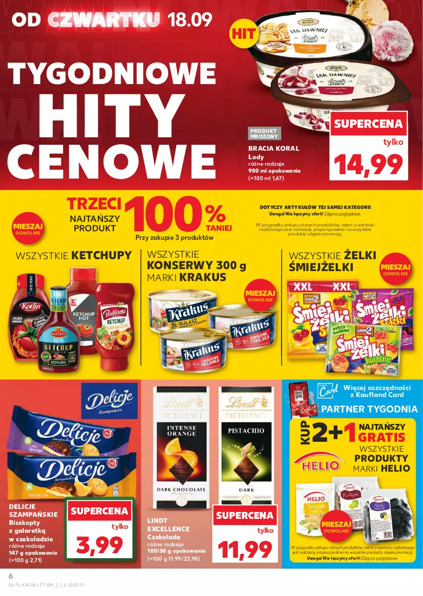 Gazetka promocyjna Kaufland - Gazetka tygodnia - ważna 18.09 do 24.09.2025 - strona 6 - produkty: Biszkopty, Czekolada, Delicje, Gala, Gra, Helio, Ketchup, Krakus, Lindt, Lody, Por, Ser, Waga