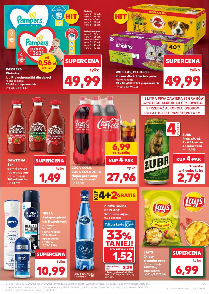 Gazetka promocyjna Kaufland - Gazetka tygodnia - ważna 18.09 do 24.09.2025 - strona 7 - produkty: Antyperspirant, Chipsy, Cisowianka, Coca-Cola, Dawtona, Dezodorant, Dzieci, Gra, Lay’s, Majtki, Mus, Napój, Napój gazowany, Nivea, Pampers, Pedigree, Pieluchomajtki, Pieluchy, Piwa, Piwo, Sok, Sok pomidorowy, Whiskas, Woda