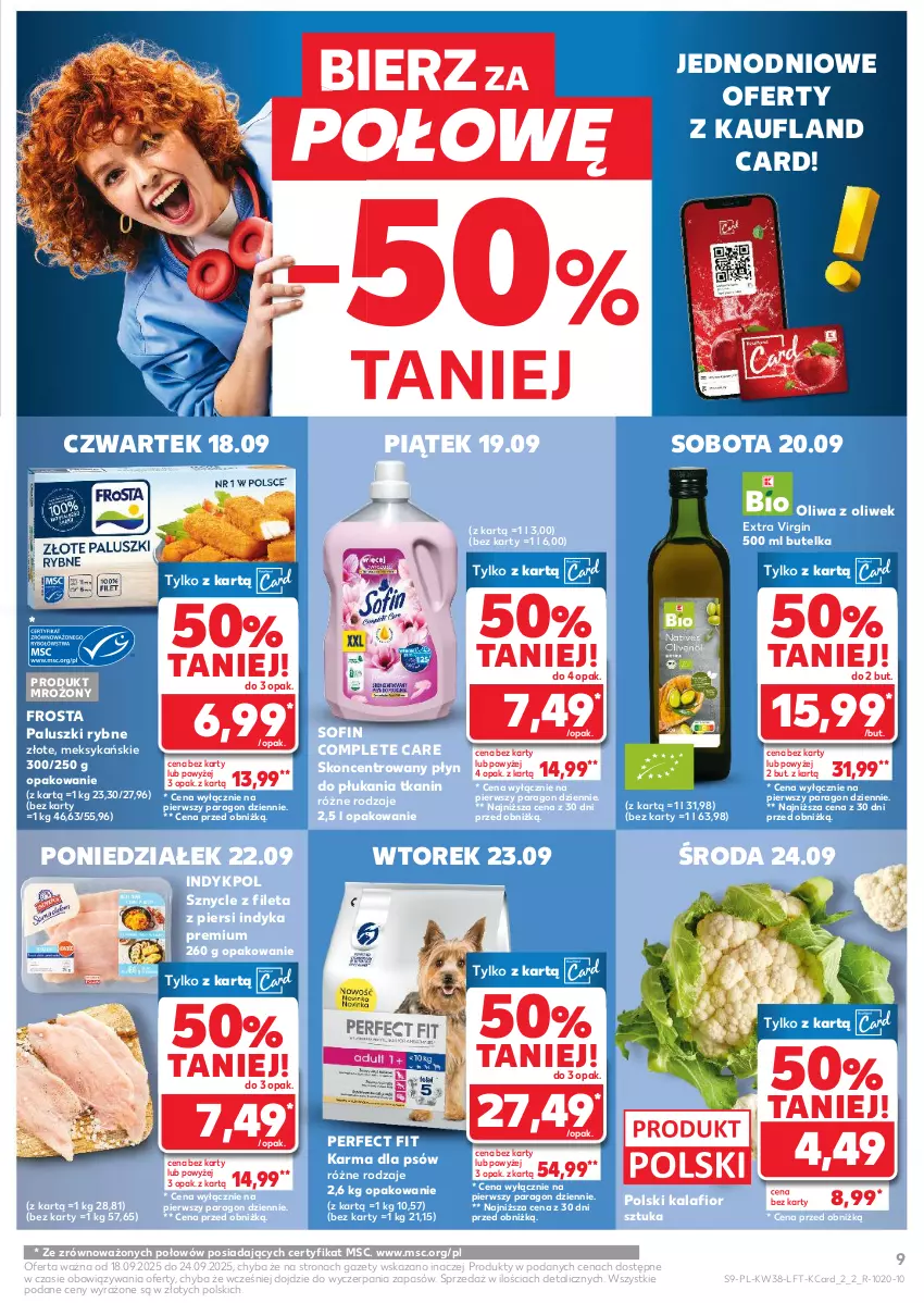 Gazetka promocyjna Kaufland - Gazetka tygodnia - ważna 18.09 do 24.09.2025 - strona 9 - produkty: Frosta, Gin, Kalafior, Oliwa, Oliwa z oliwek, Paluszki rybne, Płyn do płukania