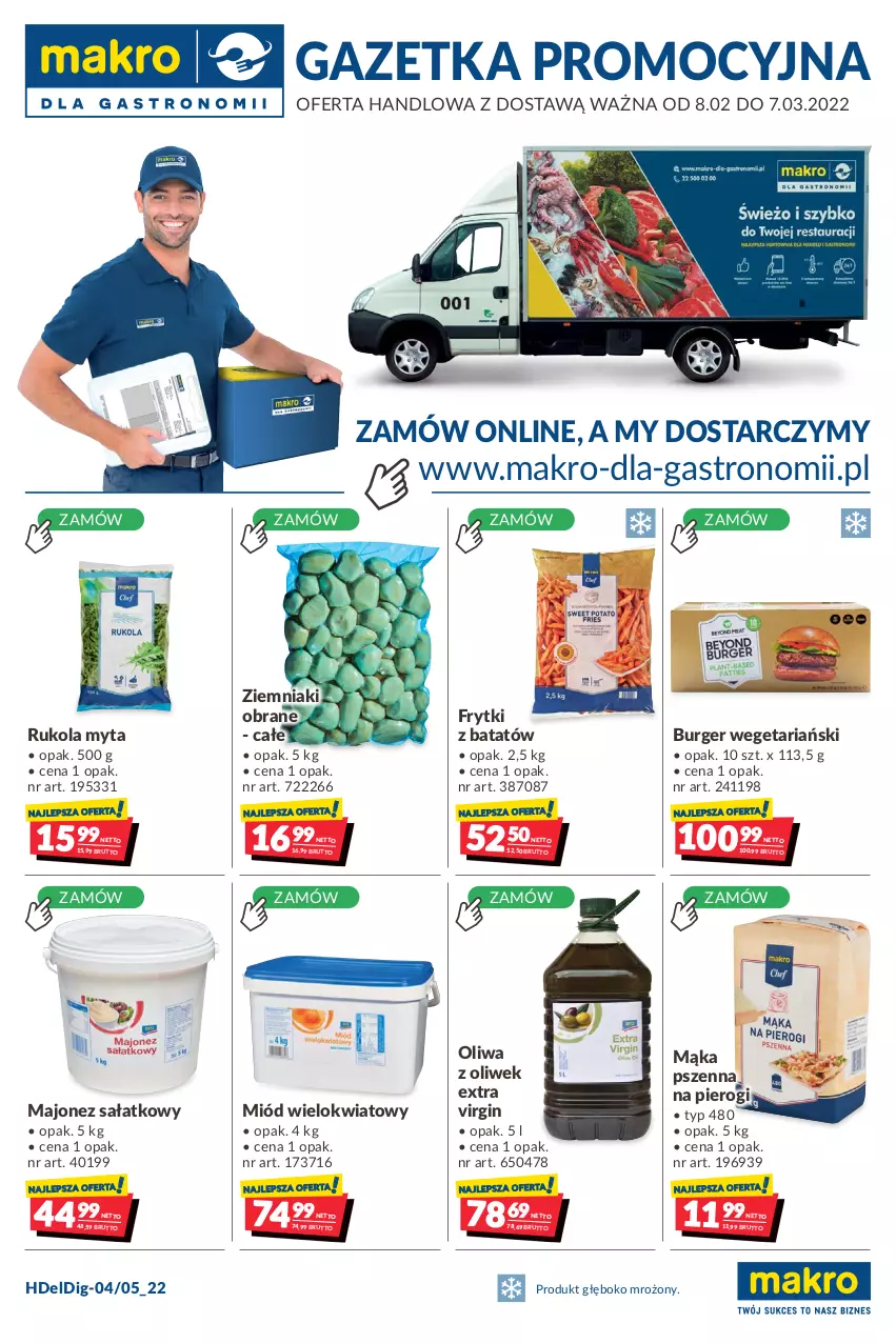 Gazetka promocyjna Makro - [Oferta promocyjna] Dostawa - ważna 08.02 do 07.03.2022 - strona 1 - produkty: Burger, Frytki, Frytki z batatów, Gin, Majonez, Majonez sałatkowy, Mąka, Mąka pszenna, Miód, Oliwa z oliwek, Pierogi, Rukola, Sałat, Ziemniaki