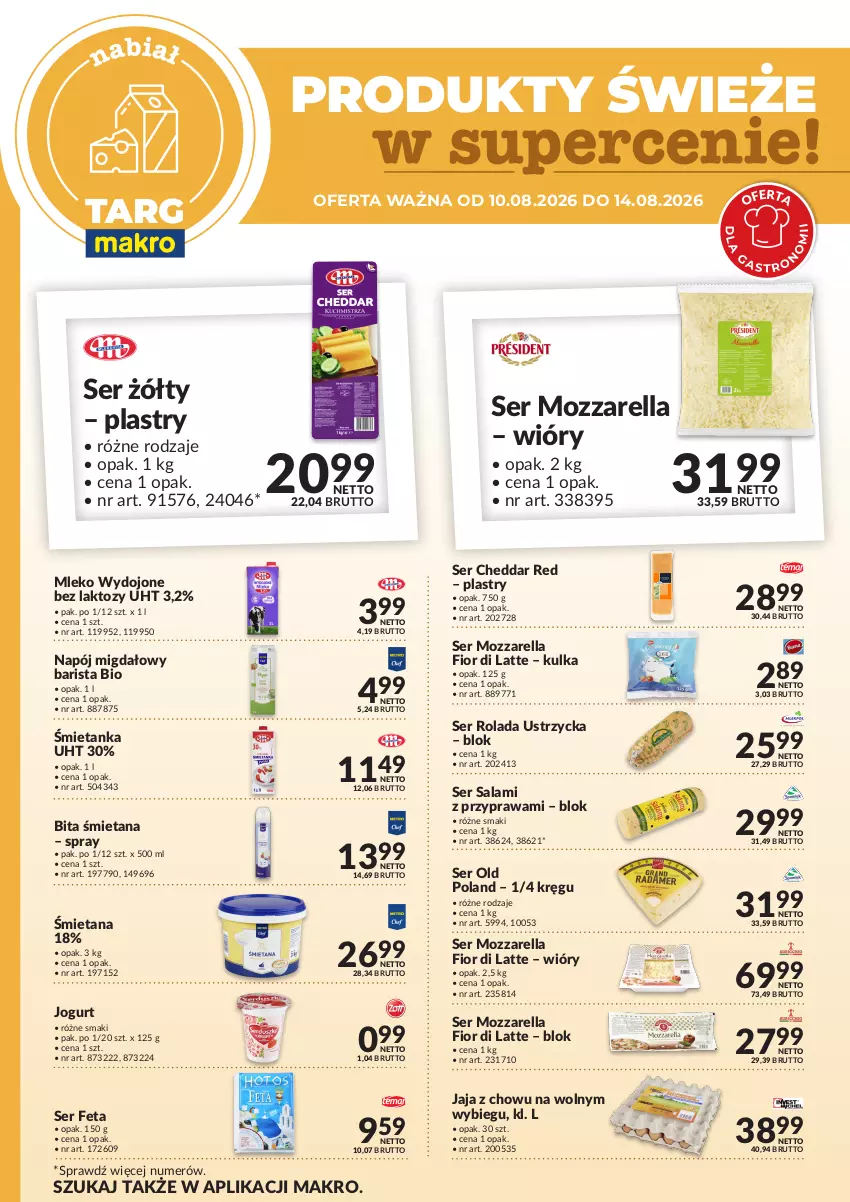 Gazetka promocyjna Makro - Targ MAKRO - oferta świeża w super cenach! - ważna 10.08 do 14.08.2026 - strona 3 - produkty: Cheddar, Feta, Jaja, Jogurt, Mleko, Mozzarella, Napój, Rolada, Rolada Ustrzycka, Salami, Ser, Ser salami