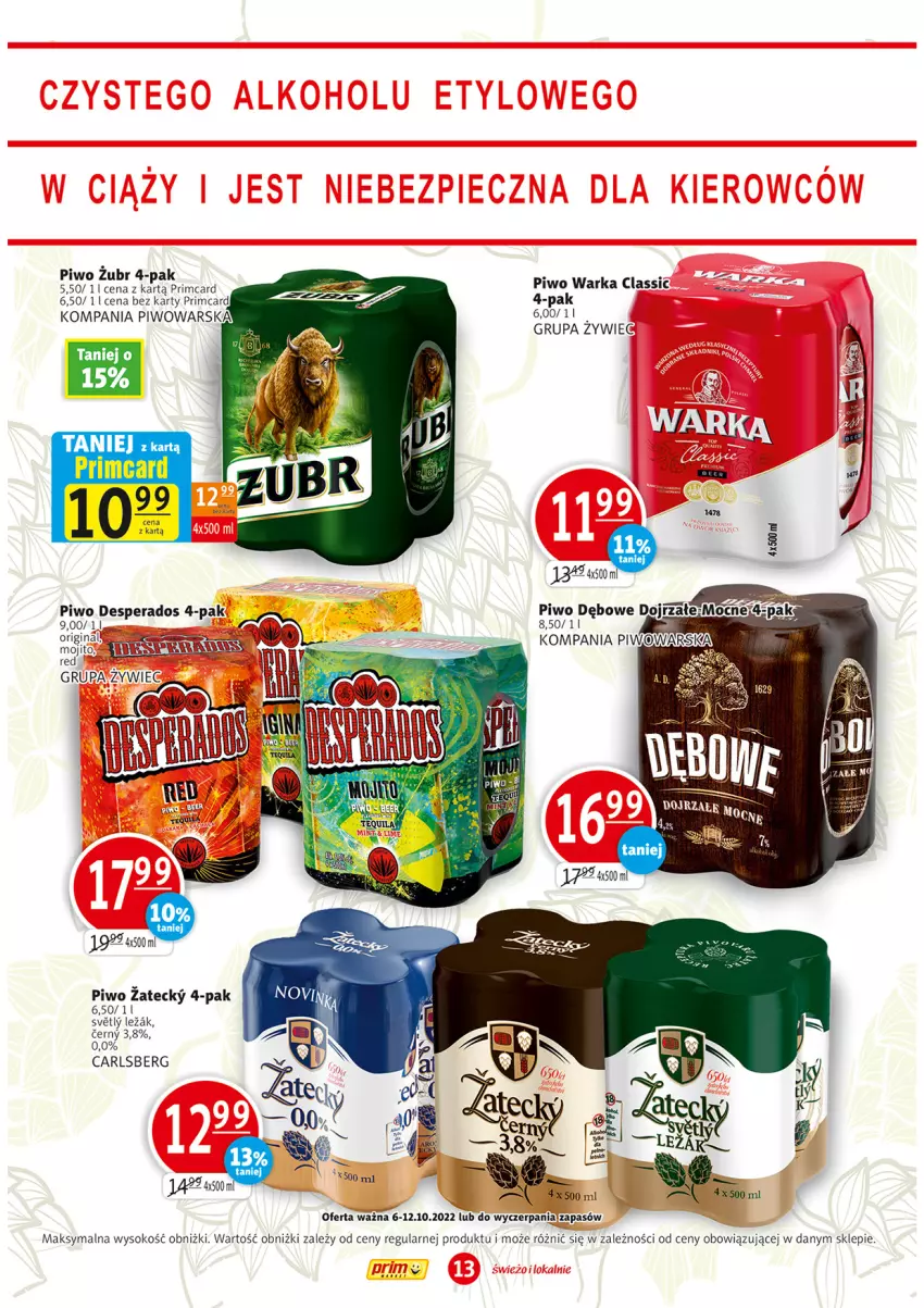 Gazetka promocyjna Prim Market - ważna 06.10 do 12.10.2022 - strona 13 - produkty: Carlsberg, Desperados, Gin, Piwo, Sok, Warka