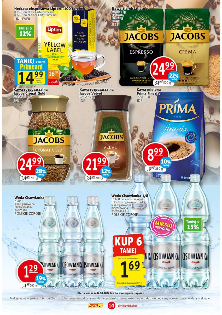 Gazetka promocyjna Prim Market - ważna 06.10 do 12.10.2022 - strona 14 - produkty: Cisowianka, Herbata, Jacobs, Jacobs Velvet, Kawa, Kawa mielona, Kawa rozpuszczalna, Lipton, Sok, Torebka, Velvet, Woda