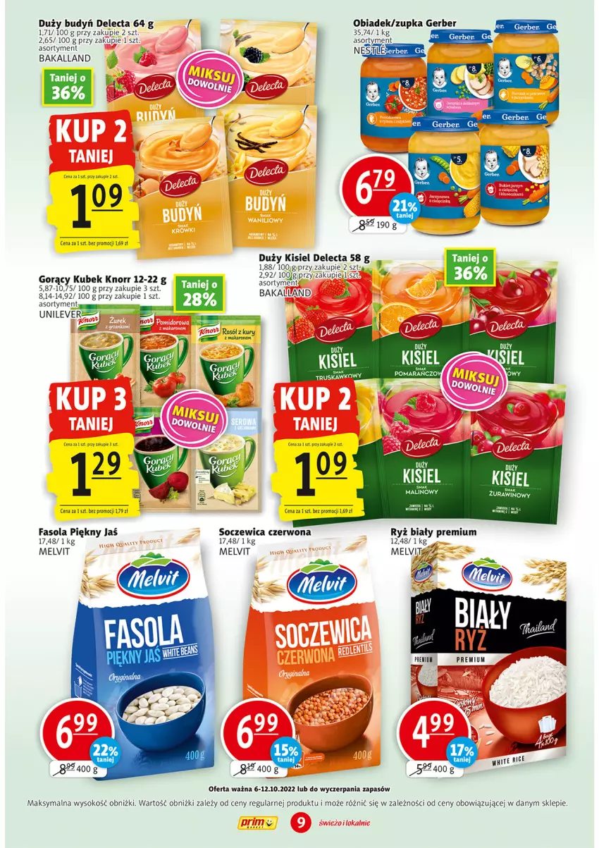 Gazetka promocyjna Prim Market - ważna 06.10 do 12.10.2022 - strona 9 - produkty: Bakalland, Budyń, Delecta, Fa, Fasola, Gerber, Kisiel, Knorr, Kubek, Melvit, Ryż, Ryż biały, Sok