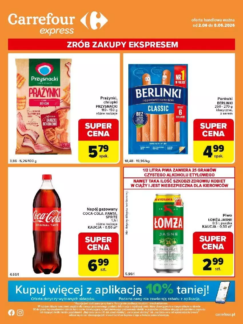 Gazetka promocyjna Carrefour - Gazetka Express - ważna 02.06 do 08.06.2026 - strona 1 - produkty: Berlinki, Brie, Chrupki, Coca-Cola, Fa, Fanta, Napój, Parówki, Piec, Piwa, Przysnacki, Sprite
