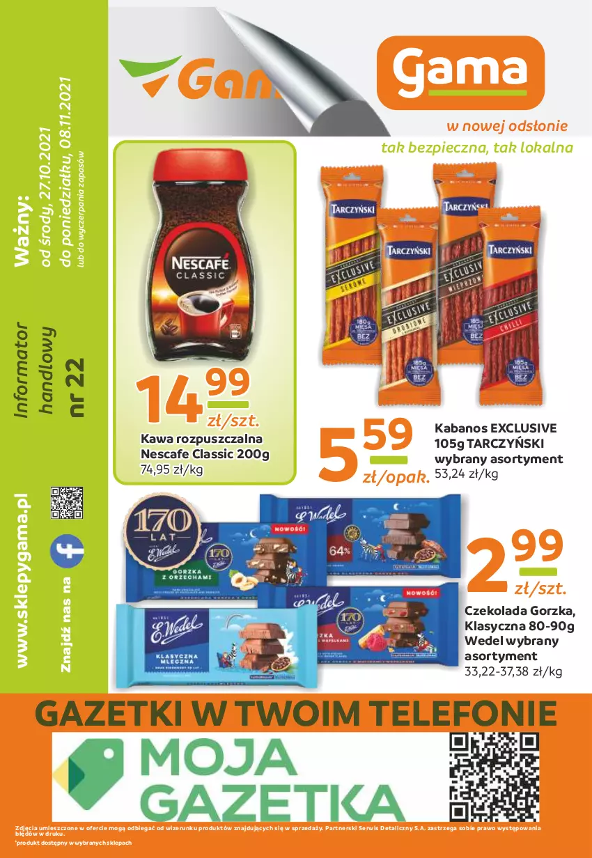 Gazetka promocyjna Gama - Gazetka Gama - ważna 27.10 do 08.11.2021 - strona 12 - produkty: Czekolada, Czekolada gorzka, Kabanos, Kawa, Kawa rozpuszczalna, Piec, Ser, Tarczyński, Telefon