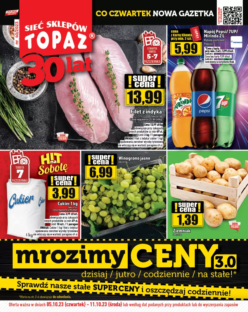 Gazetka promocyjna Topaz - Gazetka - ważna 05.10 do 11.10.2023 - strona 1 - produkty: Cukier, Mirinda, Napój, Waga
