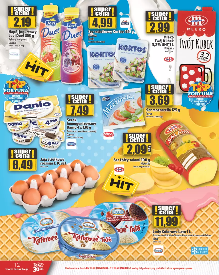 Gazetka promocyjna Topaz - Gazetka - ważna 05.10 do 11.10.2023 - strona 12 - produkty: Danio, Danone, Jaja, Jogurt, Kawa, Kubek, Mleko, Mlekovita, Mozzarella, Napój, Napój jogurtowy, Salami, Ser, Top, Vita C