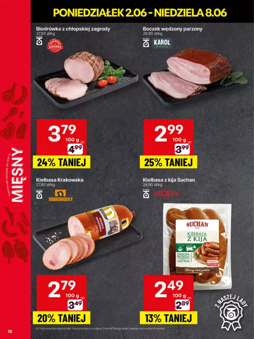 Gazetka promocyjna Delikatesy Centrum - Franczyza DC23 Poniedziałek - ważna 02.06 do 08.06.2025 - strona 16 - produkty: Boczek, Kiełbasa, Kiełbasa krakowska