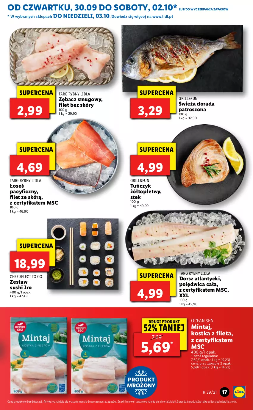 Gazetka promocyjna Lidl - GAZETKA - ważna 30.09 do 03.10.2021 - strona 17 - produkty: Dorsz, Grill, Mintaj, Polędwica, Stek, Sushi, Top, Tuńczyk