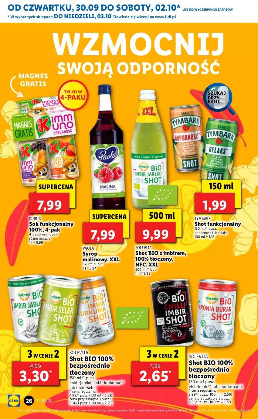 Gazetka promocyjna Lidl - GAZETKA - ważna 30.09 do 03.10.2021 - strona 26 - produkty: Aronia, Gra, Imbir, Kubuś, Kurkuma, Paola, Por, Sok, Syrop, Tymbark