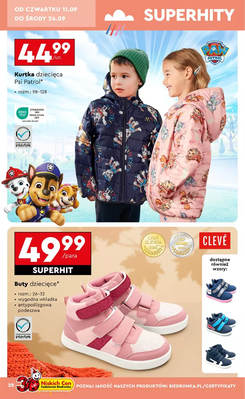 Gazetka promocyjna Biedronka - Okazje Tygodnia - ważna 08.09 do 20.09.2025 - strona 30 - produkty: Buty, Dzieci, Kurtka, Kurtka dziecięca, Psi Patrol