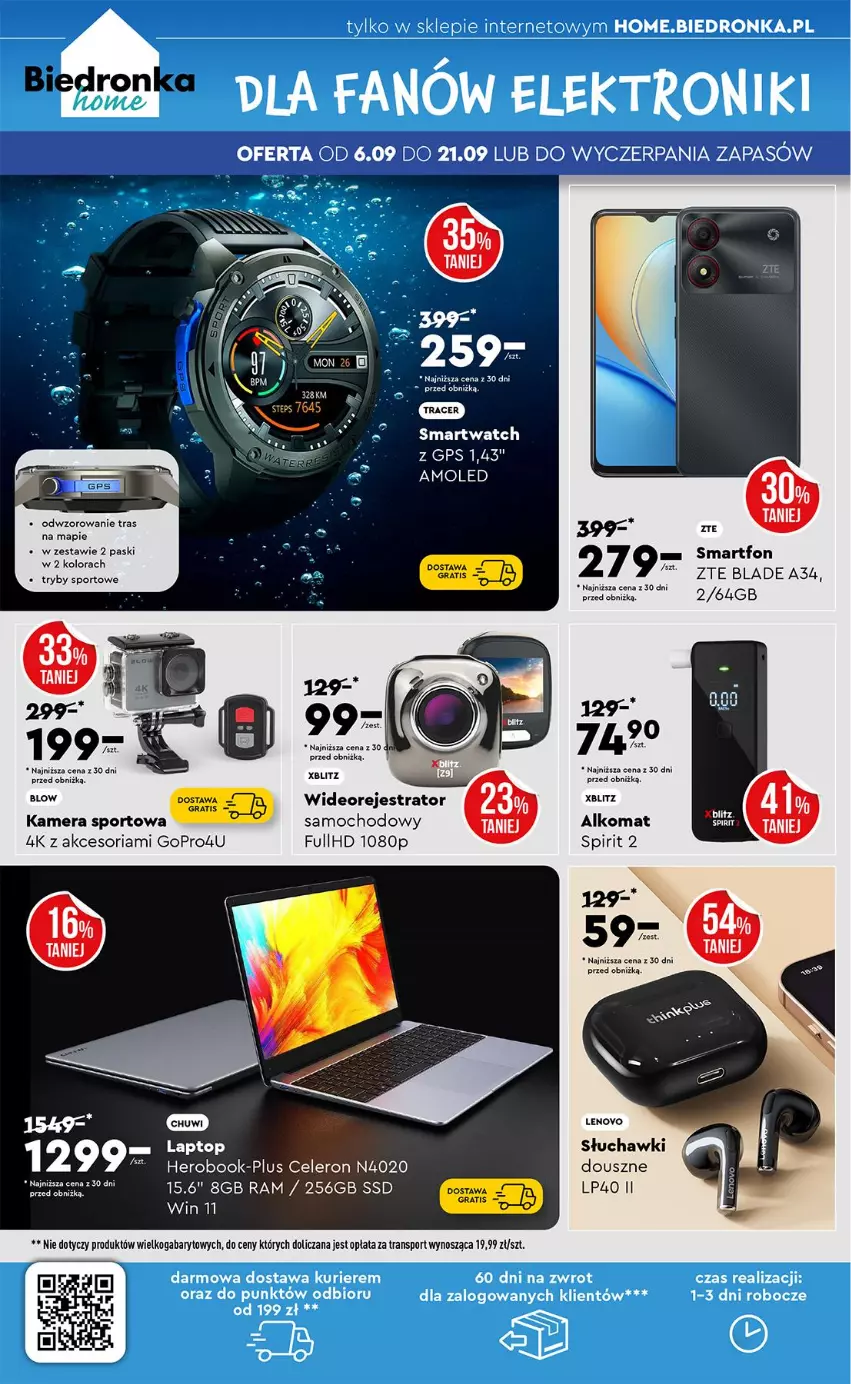Gazetka promocyjna Biedronka - Okazje Tygodnia - ważna 08.09 do 20.09.2025 - strona 44 - produkty: Acer, Alkomat, Amol, Fa, GoPro, Gra, Kamera, Lenovo, Por, Słuchawki, Smartfon, Smartwatch, Sport, Top, Tran, Wideorejestrator, Xblitz