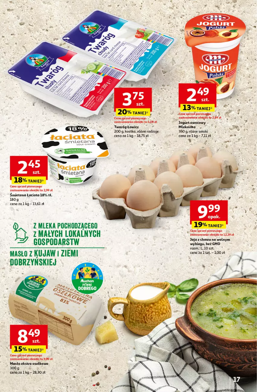 Gazetka promocyjna Auchan - Gazetka z MAŁĄ CENKĄ dźwigniesz więcej! Hipermarket Auchan - ważna 29.02 do 06.03.2024 - strona 17 - produkty: Jogurt, Jogurt owocowy, Masło, Mleko, Mlekovita, Twaróg
