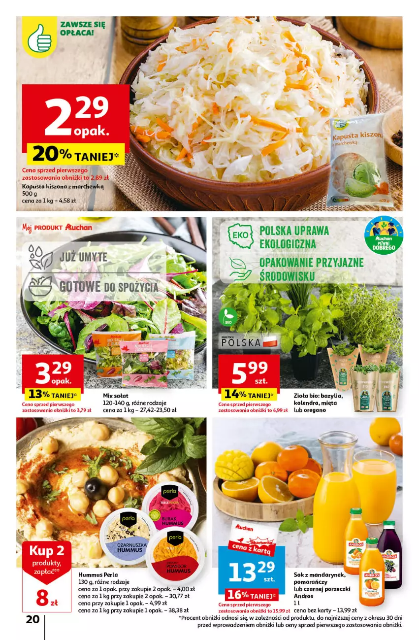 Gazetka promocyjna Auchan - Gazetka z MAŁĄ CENKĄ dźwigniesz więcej! Hipermarket Auchan - ważna 29.02 do 06.03.2024 - strona 20 - produkty: Bazyl, Bazylia, Hummus, Kolendra, Mięta, Mus, Por, Sałat, Sok