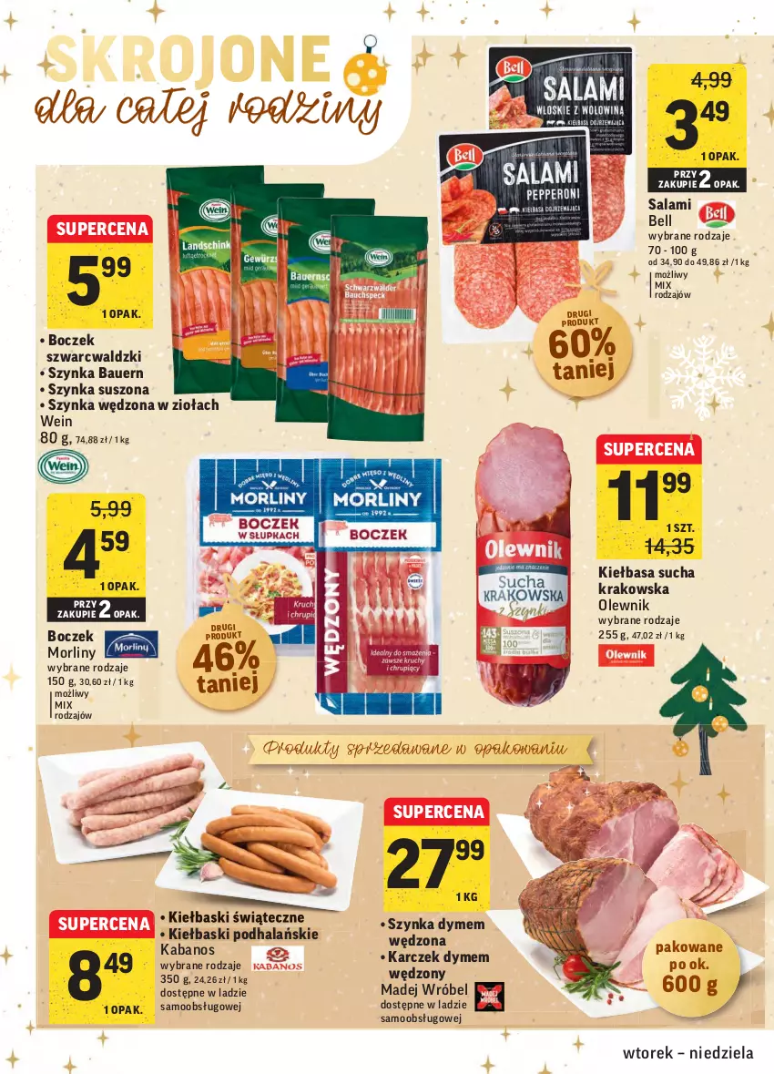 Gazetka promocyjna Intermarche - Gazetka promocyjna - ważna 14.12 do 19.12.2021 - strona 18 - produkty: Bell, Boczek, Kabanos, Kiełbasa, Madej Wróbel, Morliny, Olewnik, Salami, Szynka