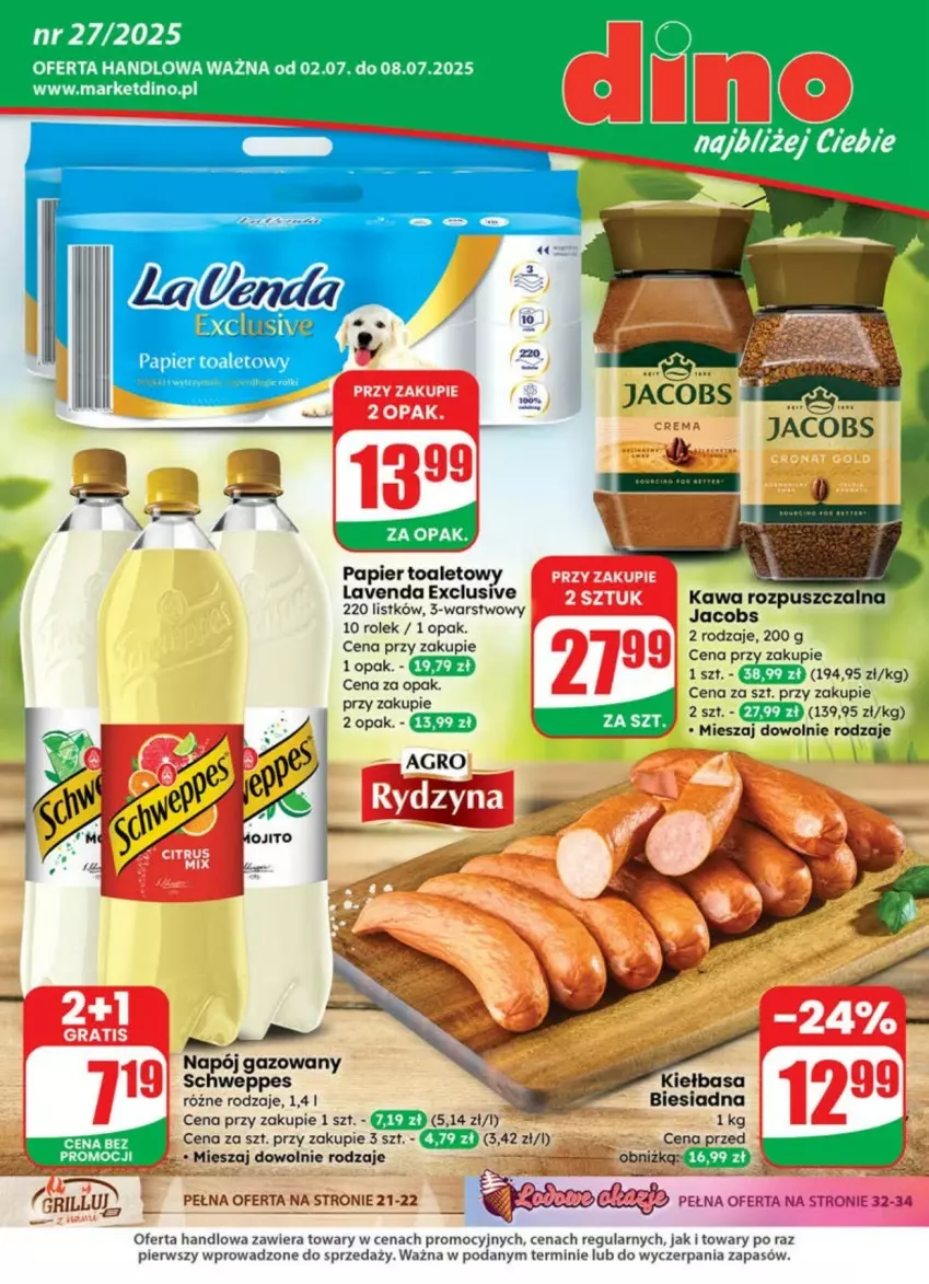 Gazetka promocyjna Dino - ważna 02.07 do 08.07.2025 - strona 1 - produkty: Gra, Jacobs, Kawa, Kawa rozpuszczalna, Kiełbasa, Napój, Napój gazowany, Papier, Papier toaletowy, Schweppes