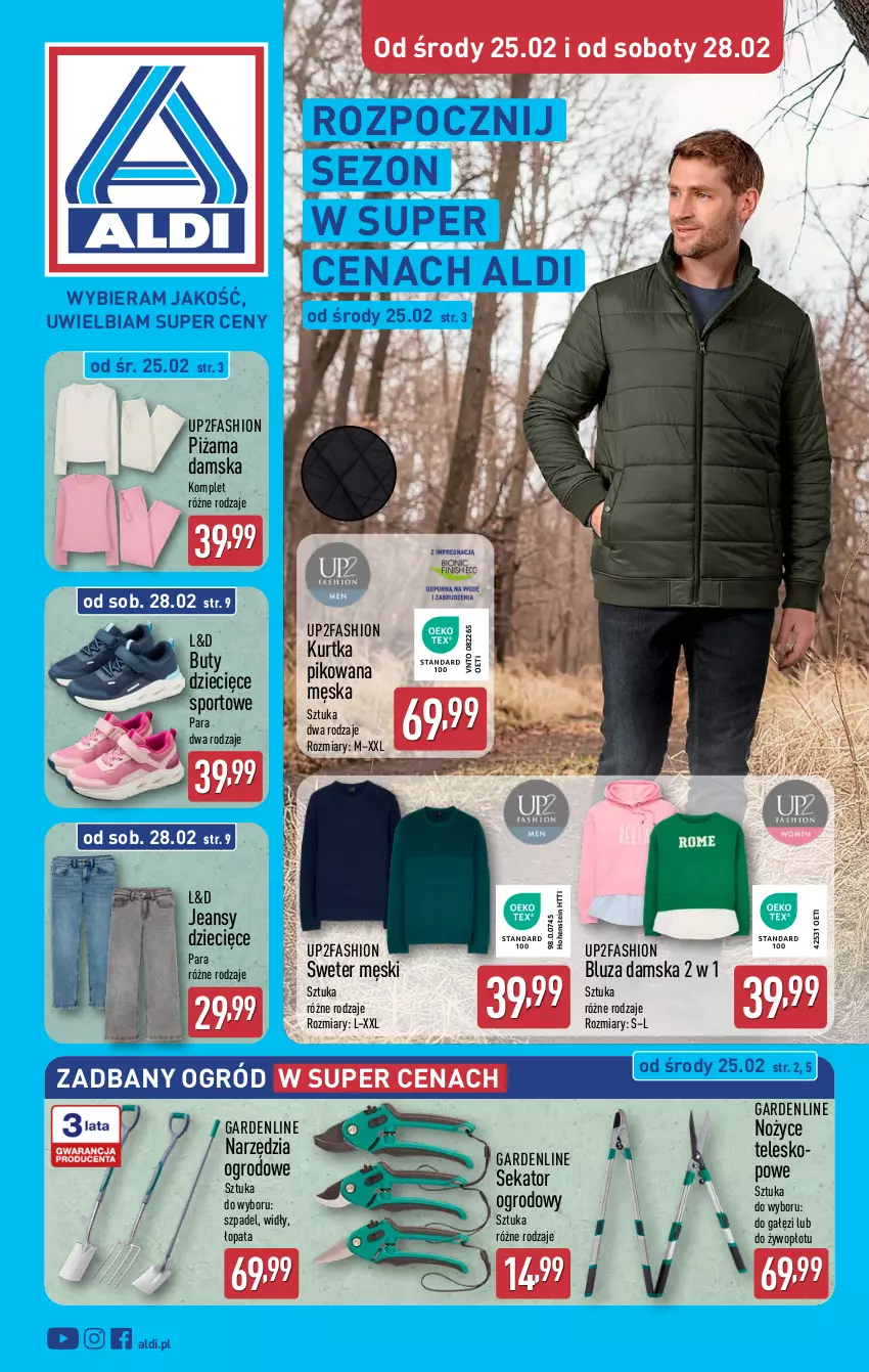 Gazetka promocyjna Aldi - Artykuły przemysłowe i tekstylia - ważna 25.02 do 28.02.2026 - strona 1 - produkty: Bluza, Buty, Dzieci, Fa, Kurtka, Noż, Nożyce, Ogród, Piżama, Por, Sekator, Sport, Sweter, Teleskop