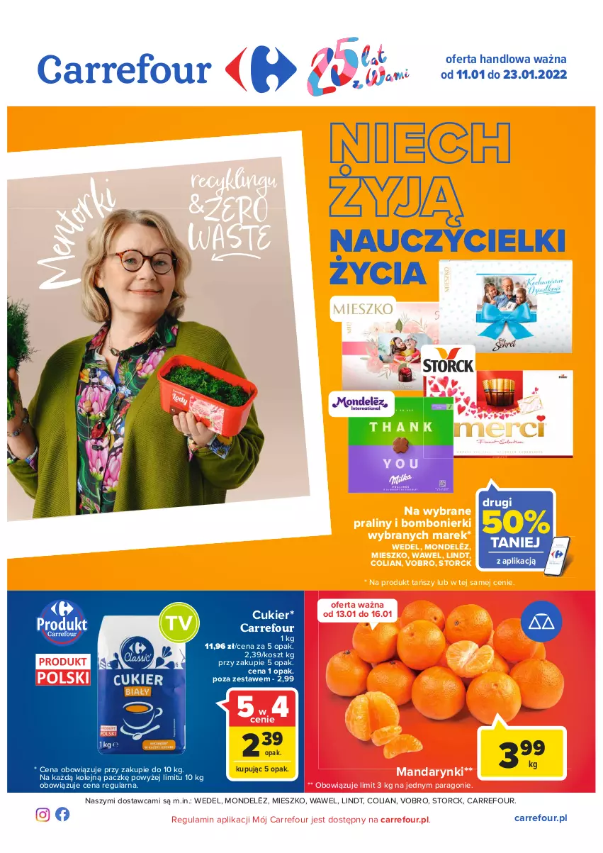 Gazetka promocyjna Carrefour - Gazetka Carrefour - ważna 11.01 do 23.01.2022 - strona 1 - produkty: Cukier, Kosz, Lindt, Mandarynki, Olej, Praliny, Wawel