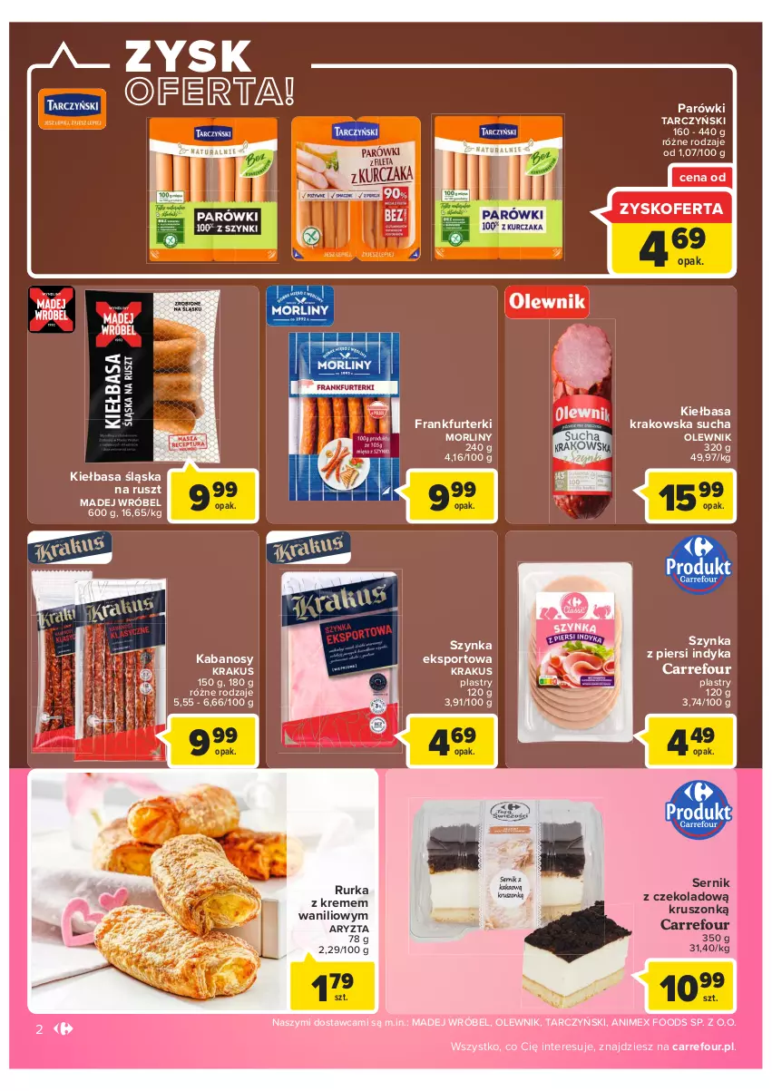 Gazetka promocyjna Carrefour - Gazetka Carrefour - ważna 11.01 do 23.01.2022 - strona 2 - produkty: Frankfurterki, Kabanos, Kiełbasa, Kiełbasa krakowska, Kiełbasa śląska, Krakus, Madej Wróbel, Morliny, Olewnik, Parówki, Por, Ser, Sport, Szynka, Tarczyński