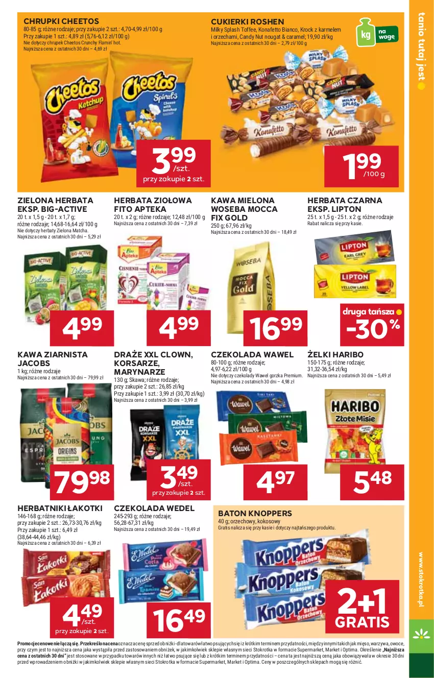 Gazetka promocyjna Stokrotka - Market - ważna 22.01 do 28.01.2026 - strona 17 - produkty: Apteka, Baton, Candy, Cheetos, Chrupki, Cukier, Cukierki, Czekolada, Gra, Haribo, Herbata, Herbata czarna, Herbatniki, Jacobs, Kawa, Kawa mielona, Kawa ziarnista, Knoppers, Kokos, Lipton, Mięso, Mocca Fix Gold, Optima, Owoce, Warzywa, Wawel, Woseba