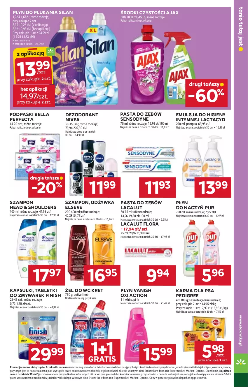 Gazetka promocyjna Stokrotka - Market - ważna 22.01 do 28.01.2026 - strona 21 - produkty: Ajax, Bell, Bella, Dezodorant, Elseve, Emulsja, Finish, Flora, Gra, Kret, Lacalut, Lactacyd, Mięso, Nivea, Odżywka, Optima, Owoce, Pasta do zębów, Pedigree, Perfecta, Płyn do płukania, Podpaski, Pompka, Pur, Sensodyne, Silan, Szampon, Tablet, Vanish, Warzywa